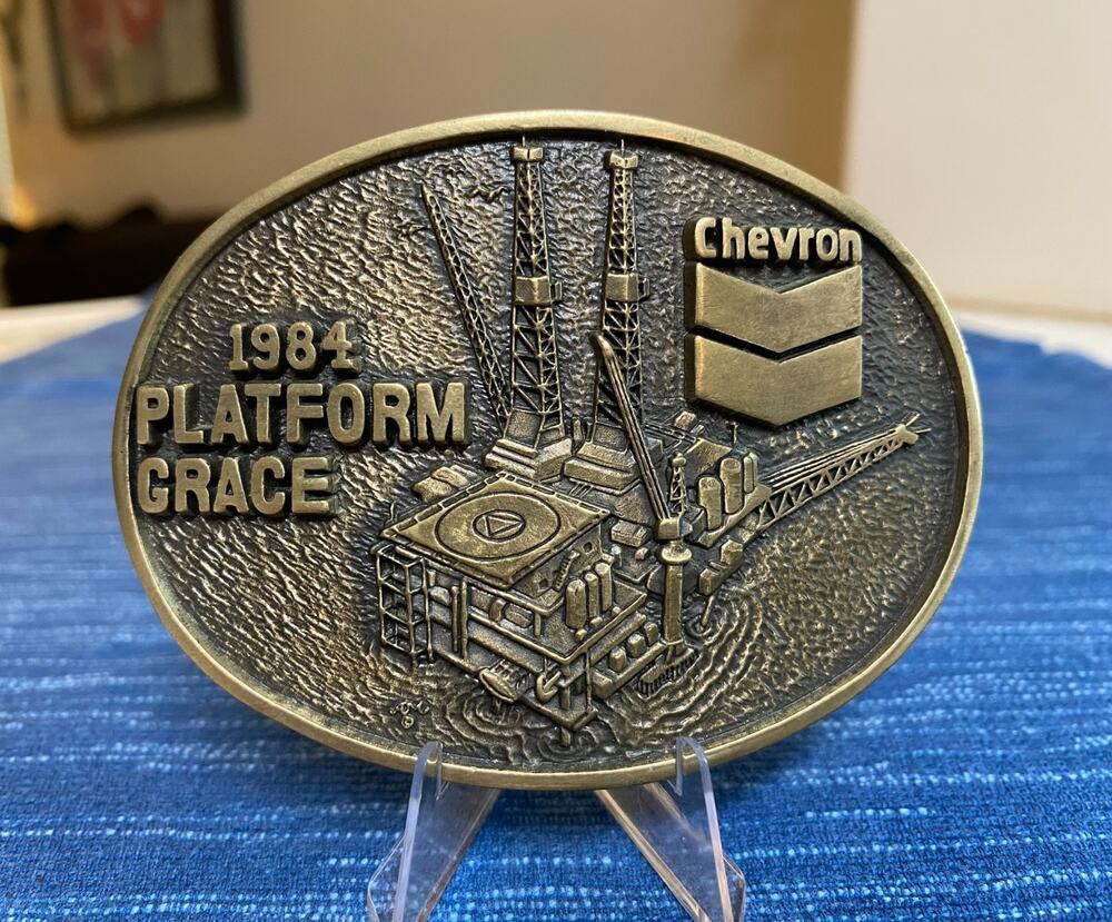 Vtg 1984 Offshore Platform Grace Chevron Solid Brass Belt Buckle Gas Oil 221/750